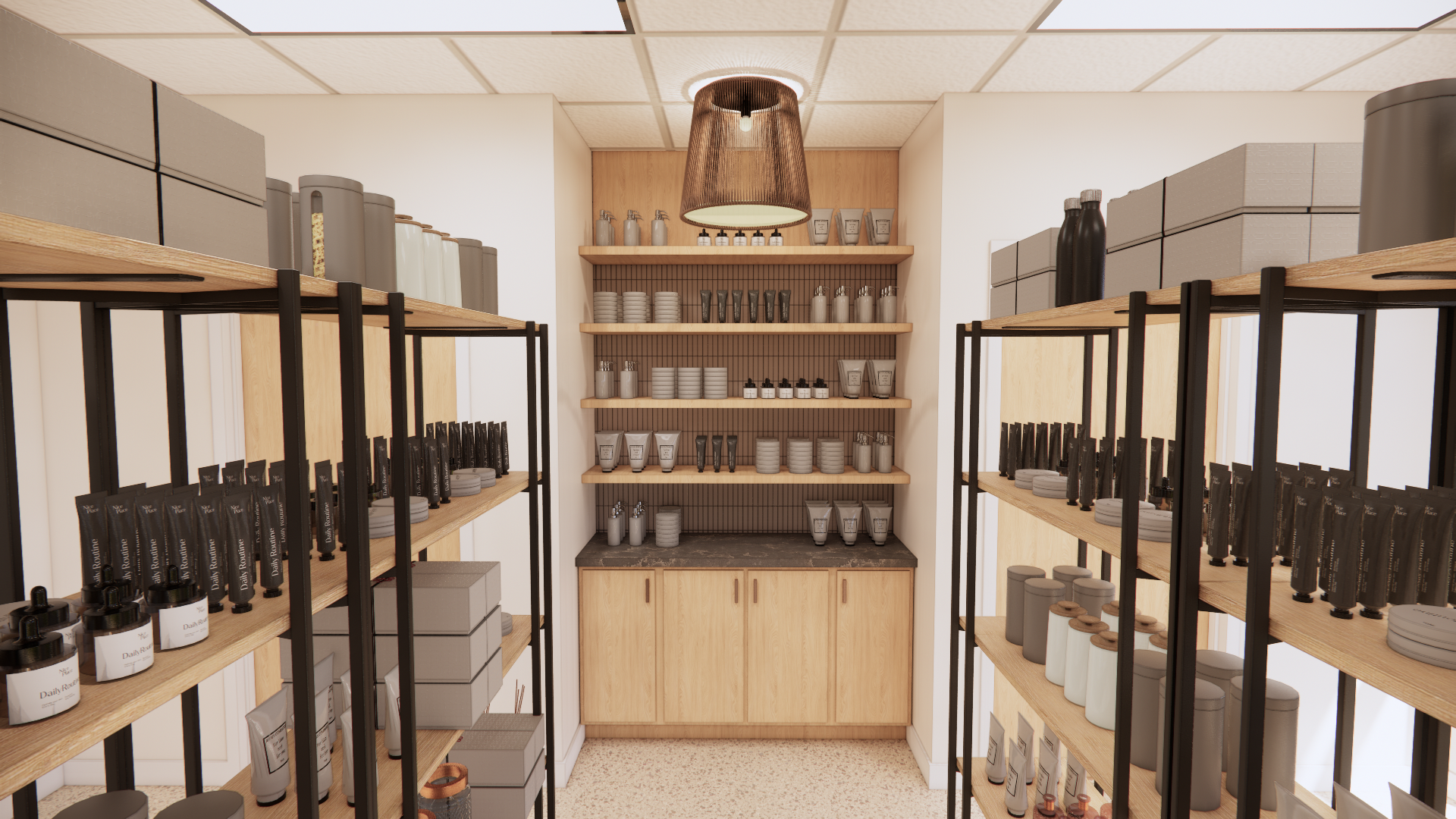 A room filled with lots of shelves and boxes.