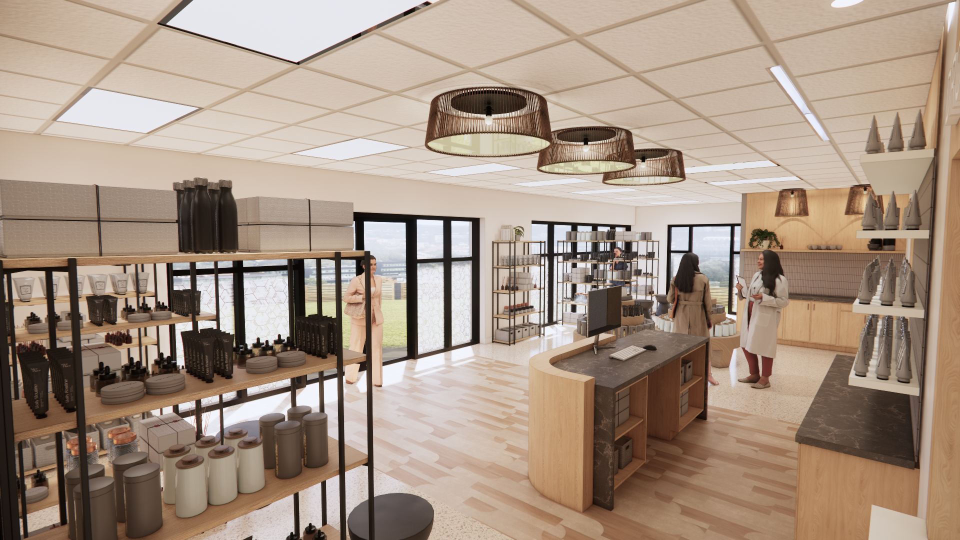 An artist 's impression of a store with a lot of shelves and a counter.
