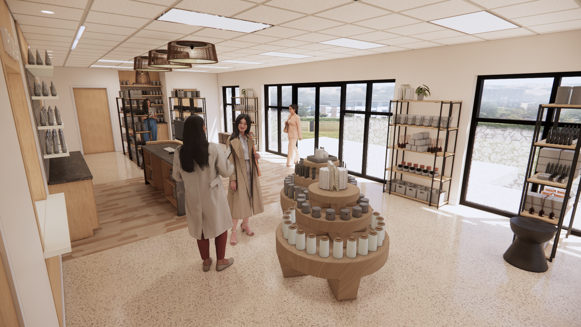 Two women are standing in a store talking to each other.