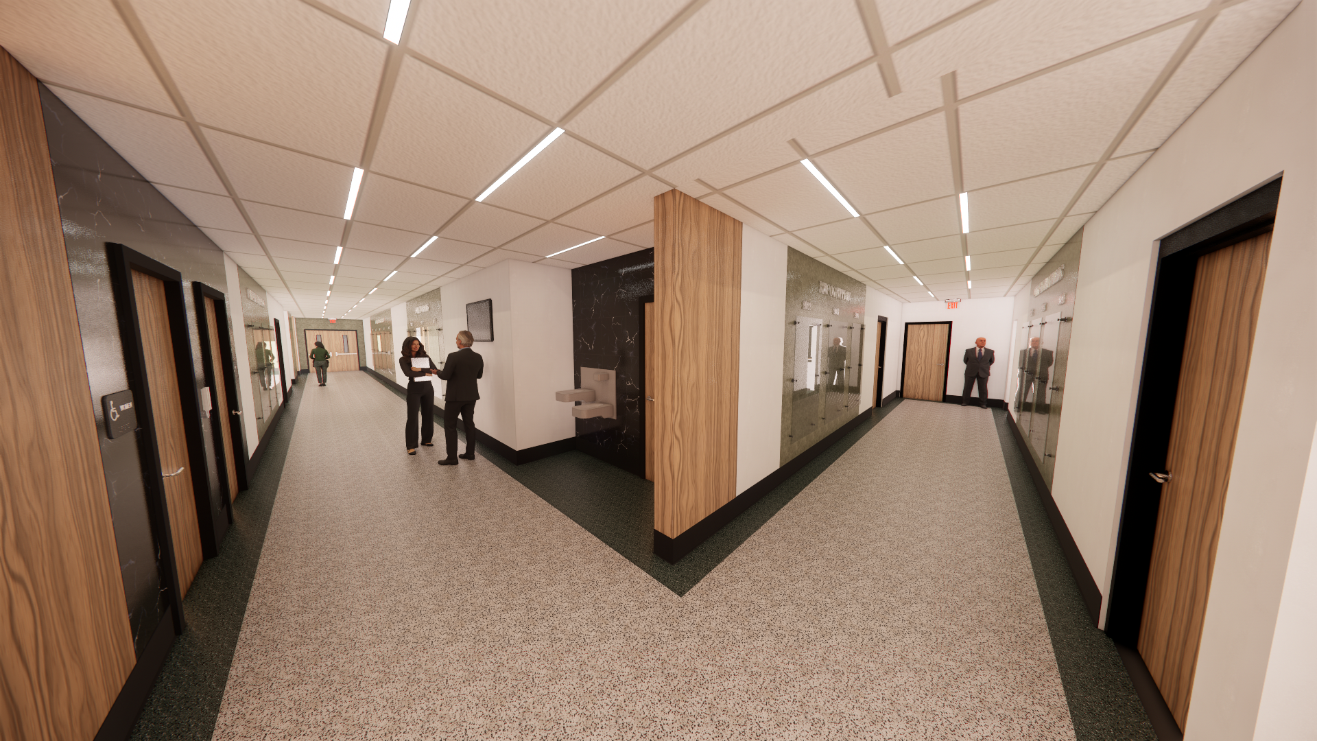 An artist 's impression of a long hallway with people walking down it.
