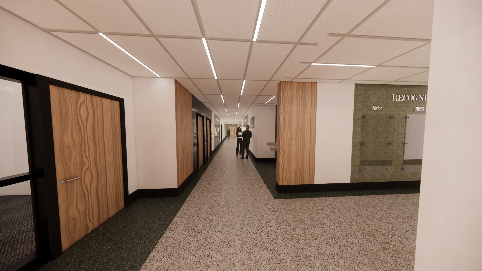 An artist 's impression of a long hallway with people walking down it.
