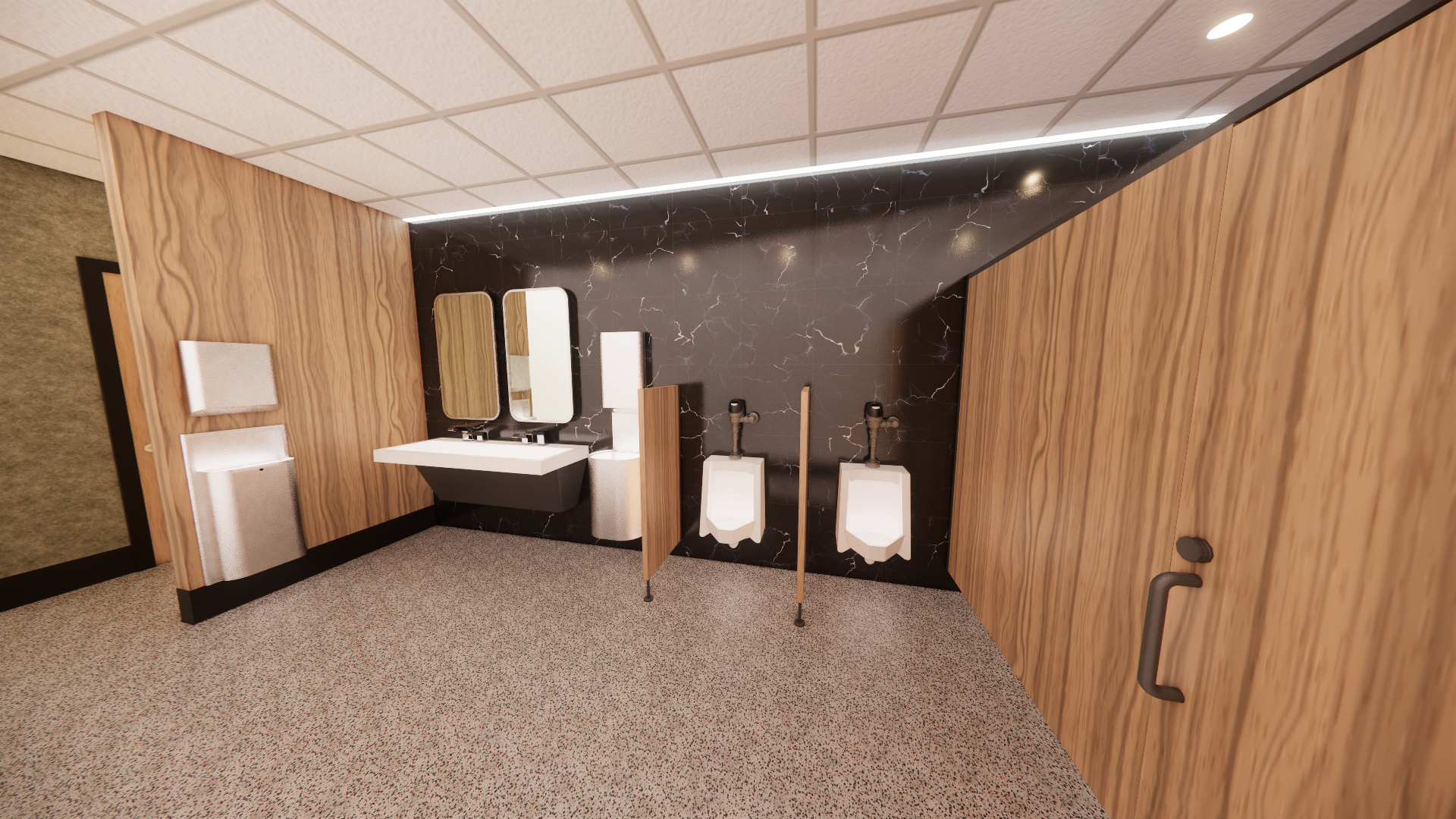 An artist 's impression of a public restroom with wooden walls and toilets.