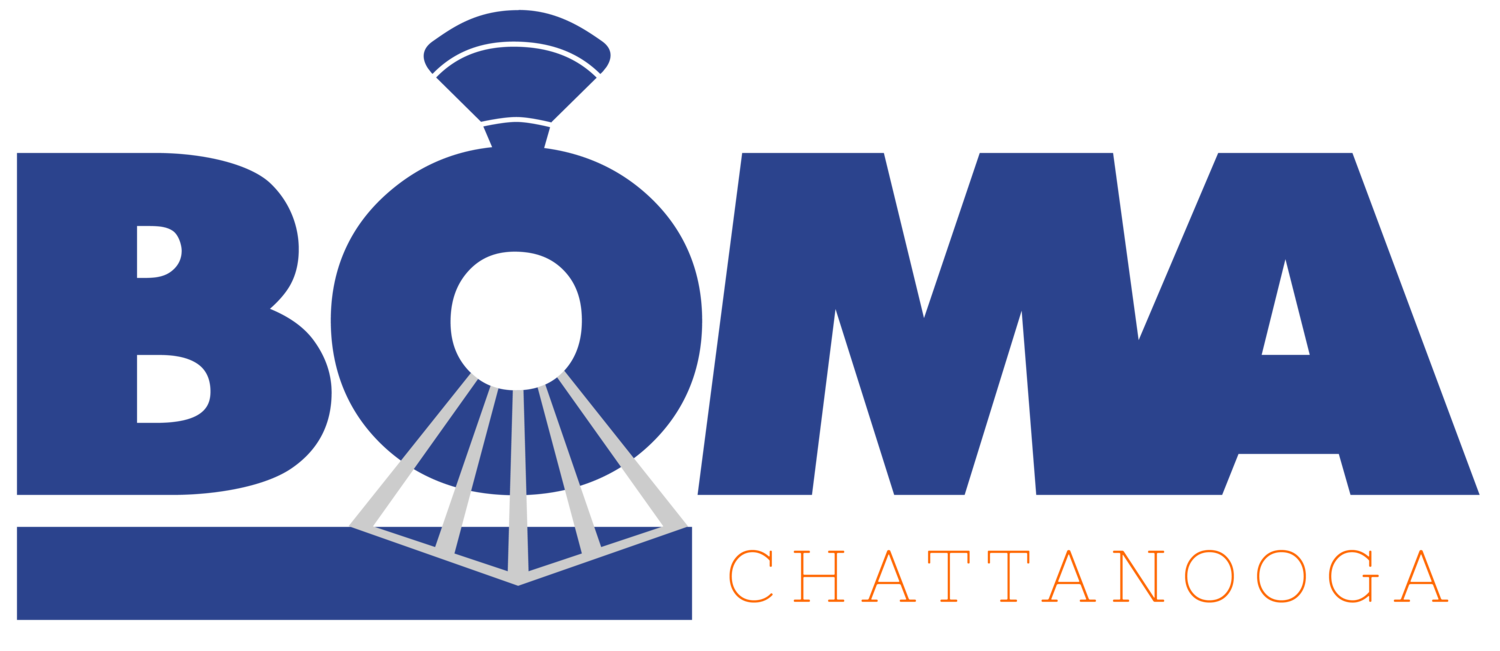 A blue and white logo for boma chattanooga