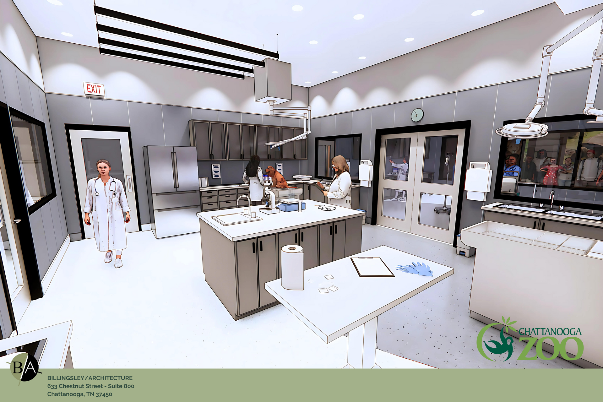 An artist 's impression of a kitchen with a woman standing in the middle