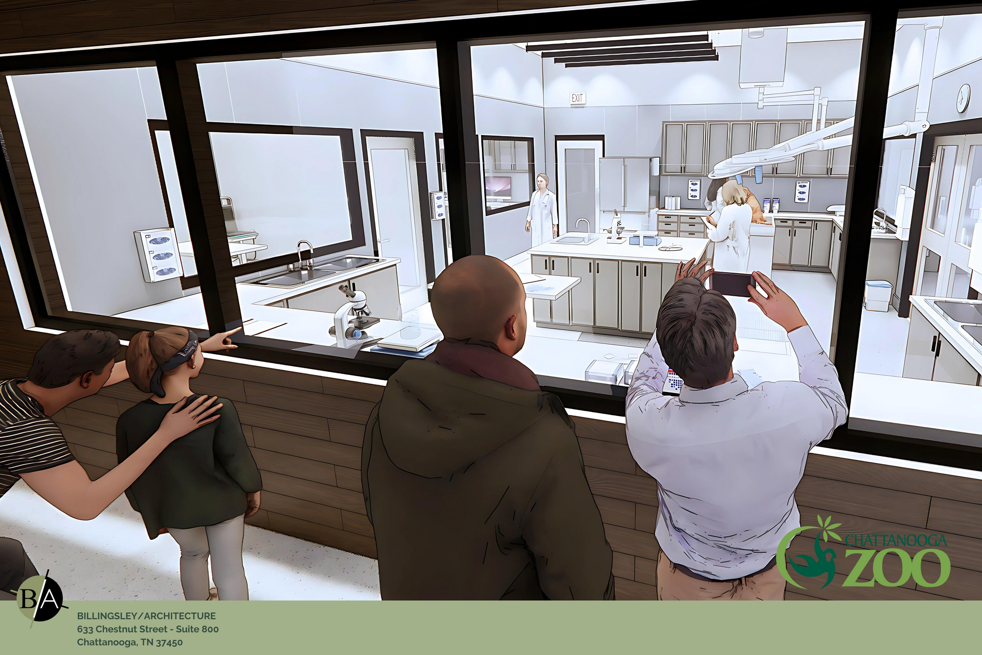 A group of people are looking out of a window at a zoo.