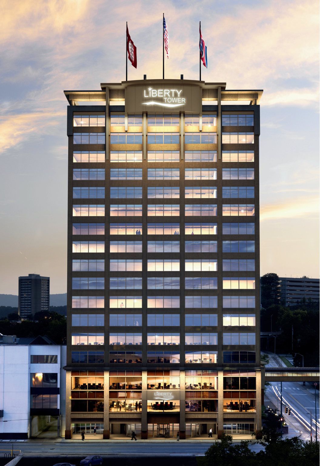 A tall building with the word liberty on it