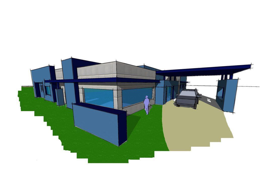 A 3d model of a house with a car parked in front of it