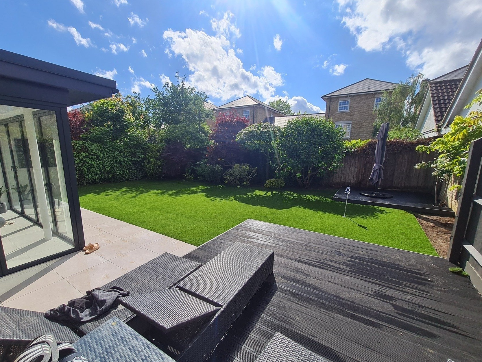 Landscaped garden with artificial grass lawn in the Felixstowe area in Suffolk.