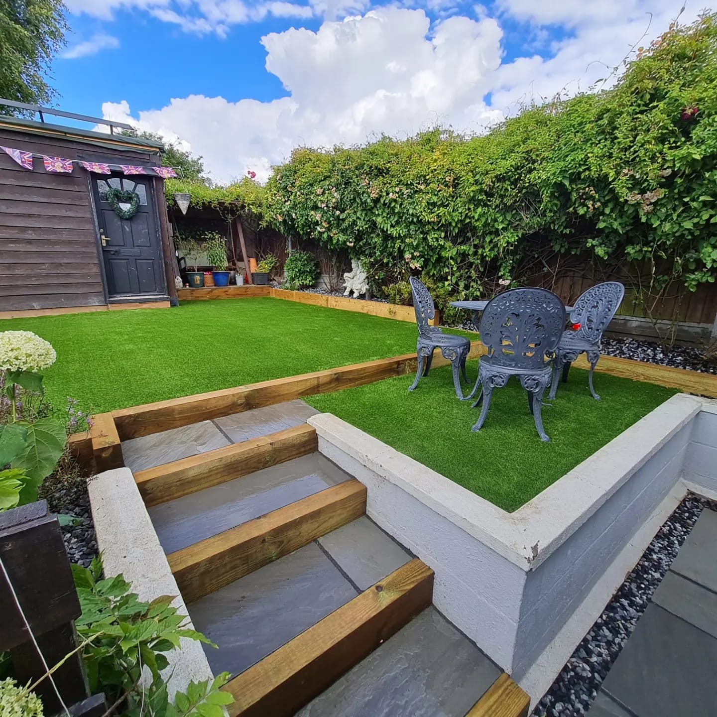 Artificial grass lawns on a landscaped Felixstowe garden