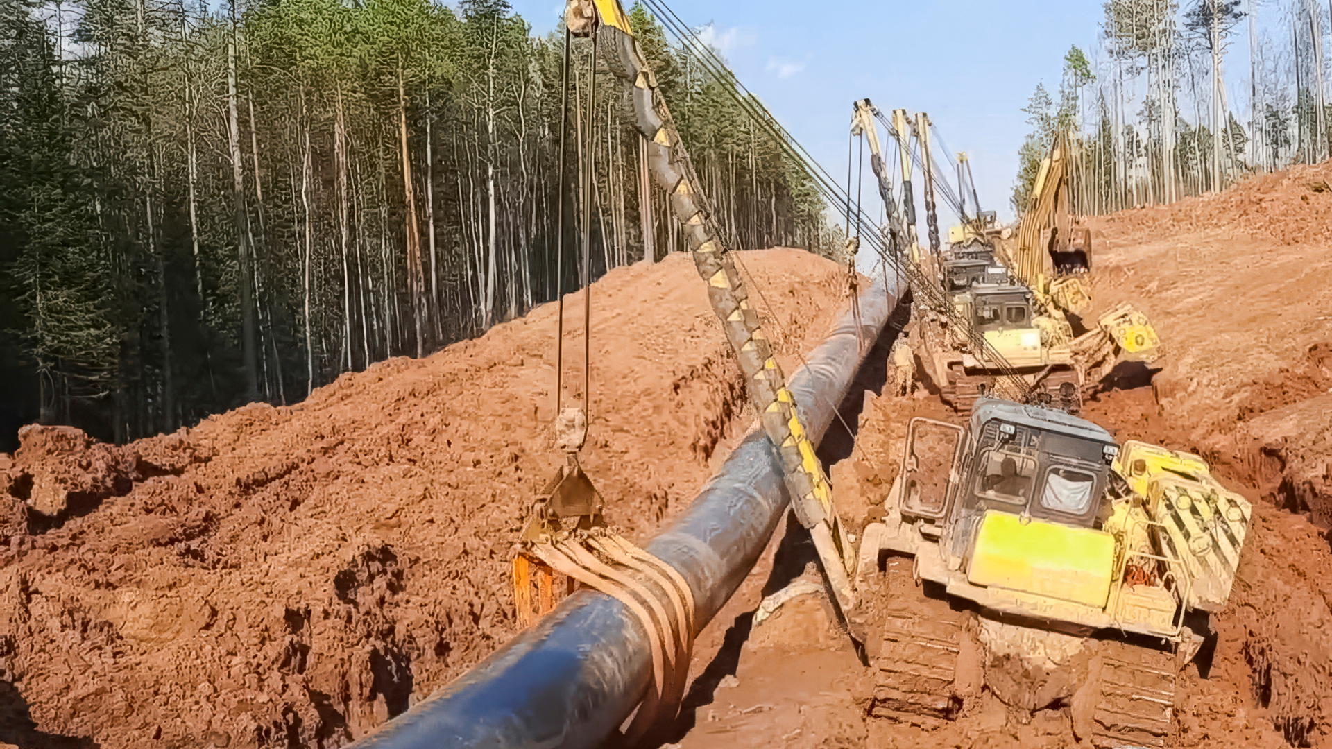 Bulldozer and excavator laying a black pipeline in a muddy forest clearing