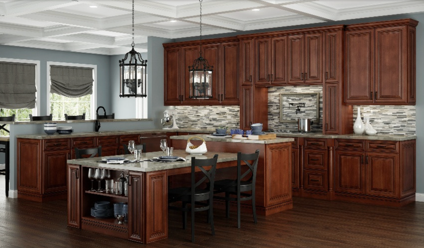Kitchen with dark wood cabinets, stone backsplash, island with seating, and hardwood floors.