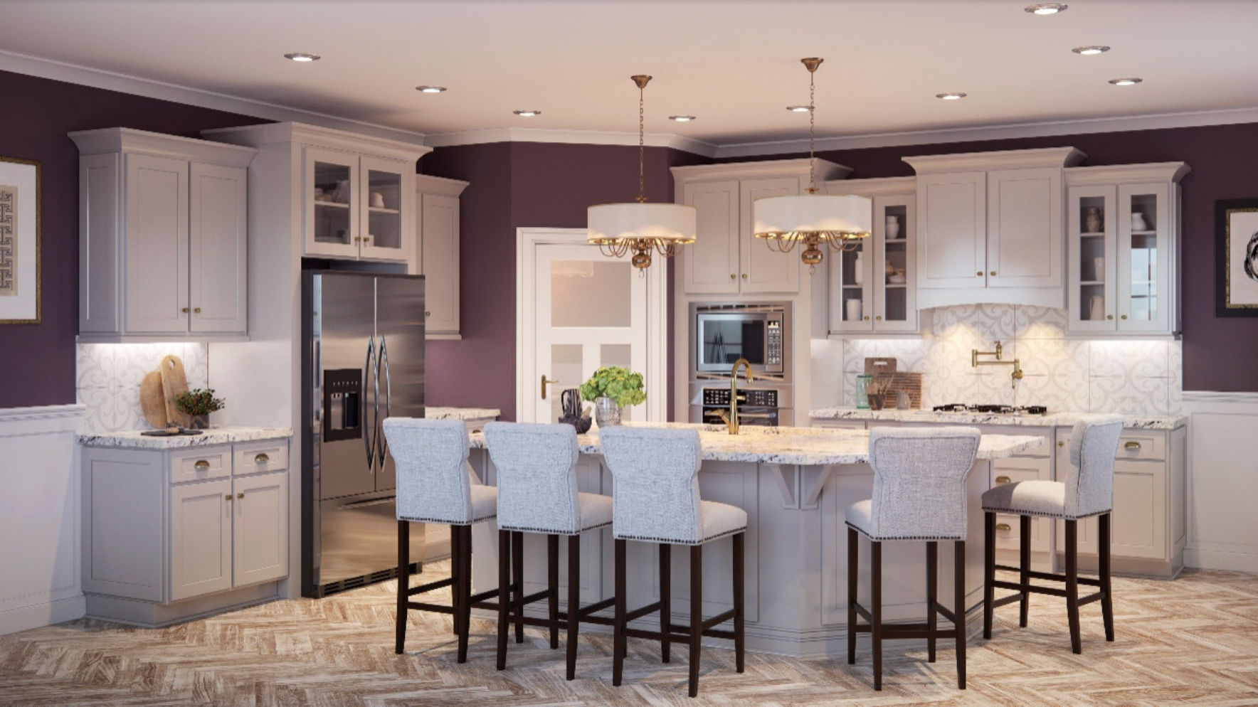 A spacious kitchen with white cabinets, a central island with bar stools, and purple walls.