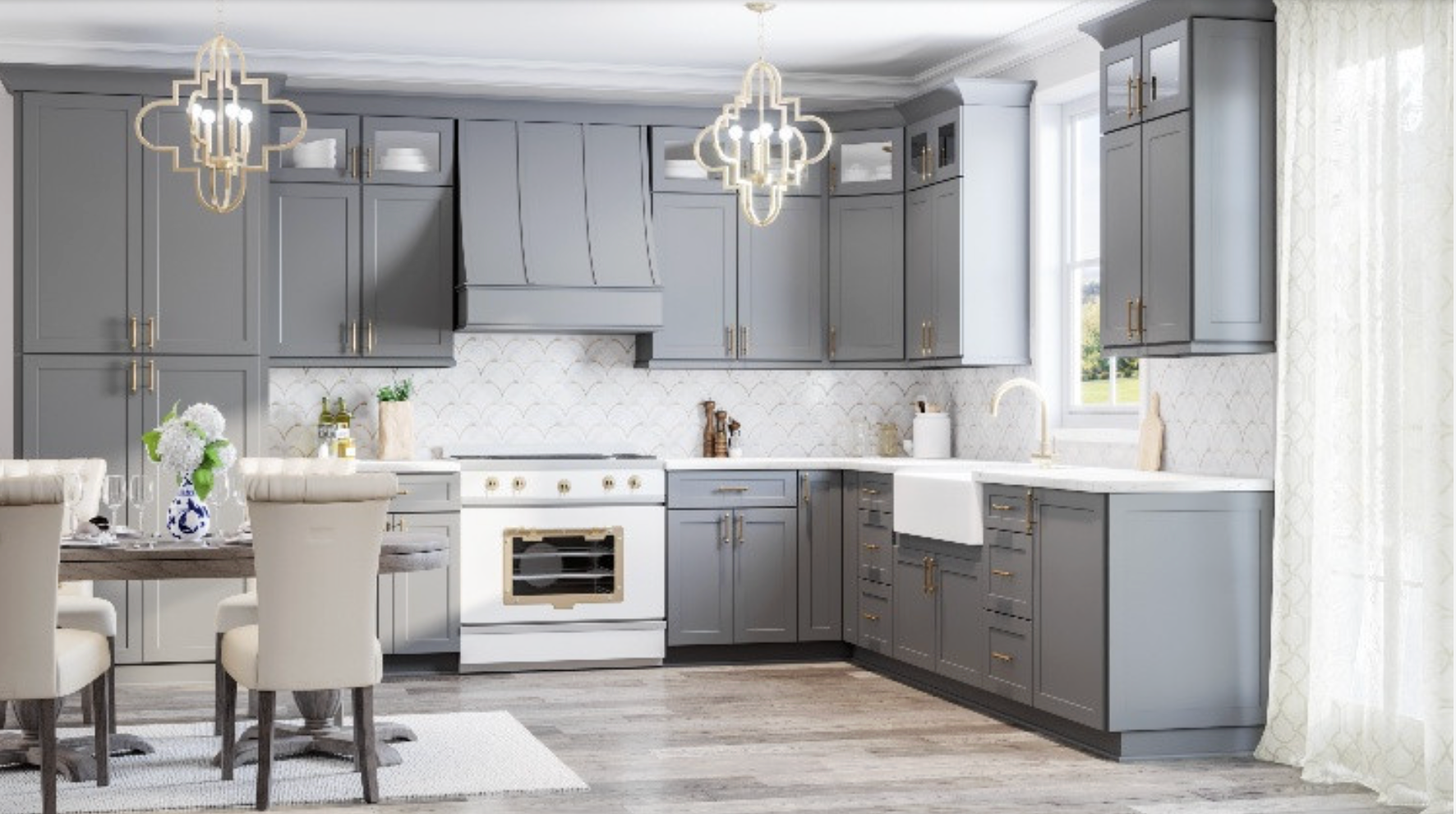 Gray kitchen with white countertops, cabinets, and white oven, with dining table and chandelier.