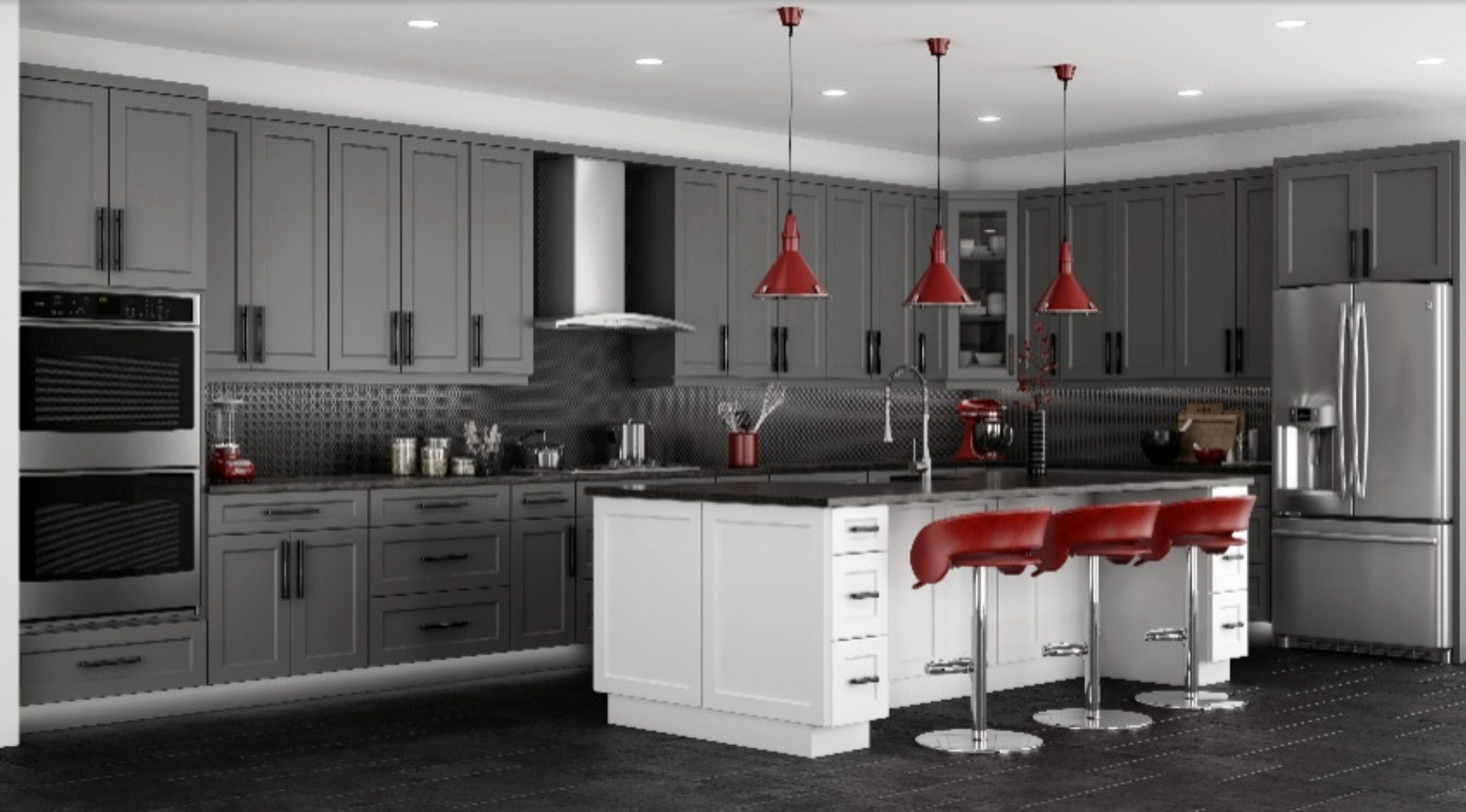 Modern gray and white kitchen with red accents: island, pendant lights, and stools.