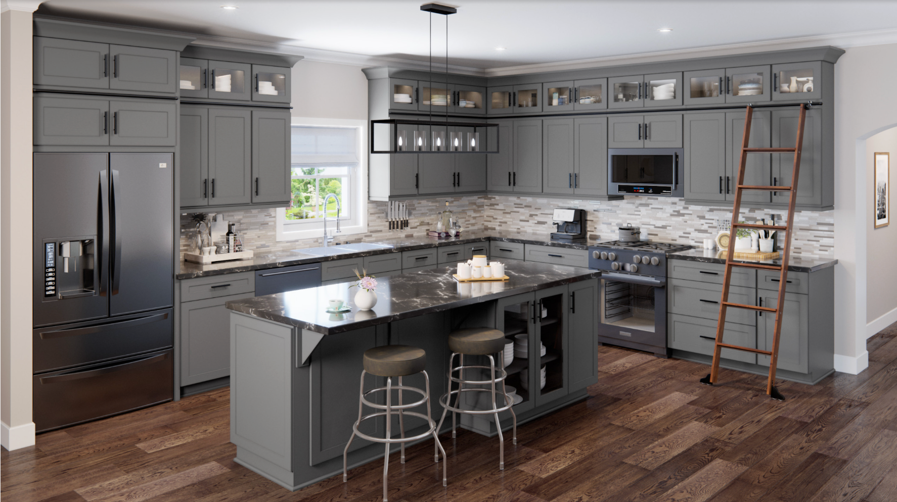 Gray kitchen with island, stainless steel appliances, and dark wood floors.