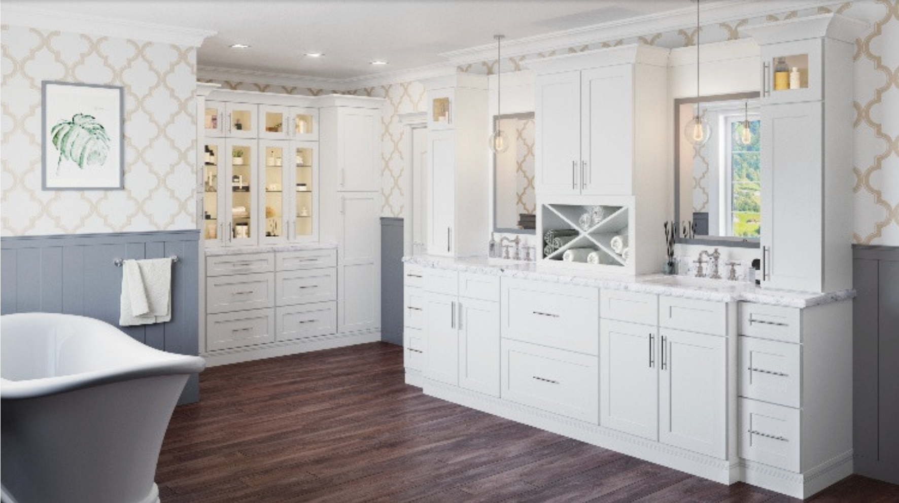 Spacious white bathroom with cabinets, a freestanding tub, and hardwood floor.