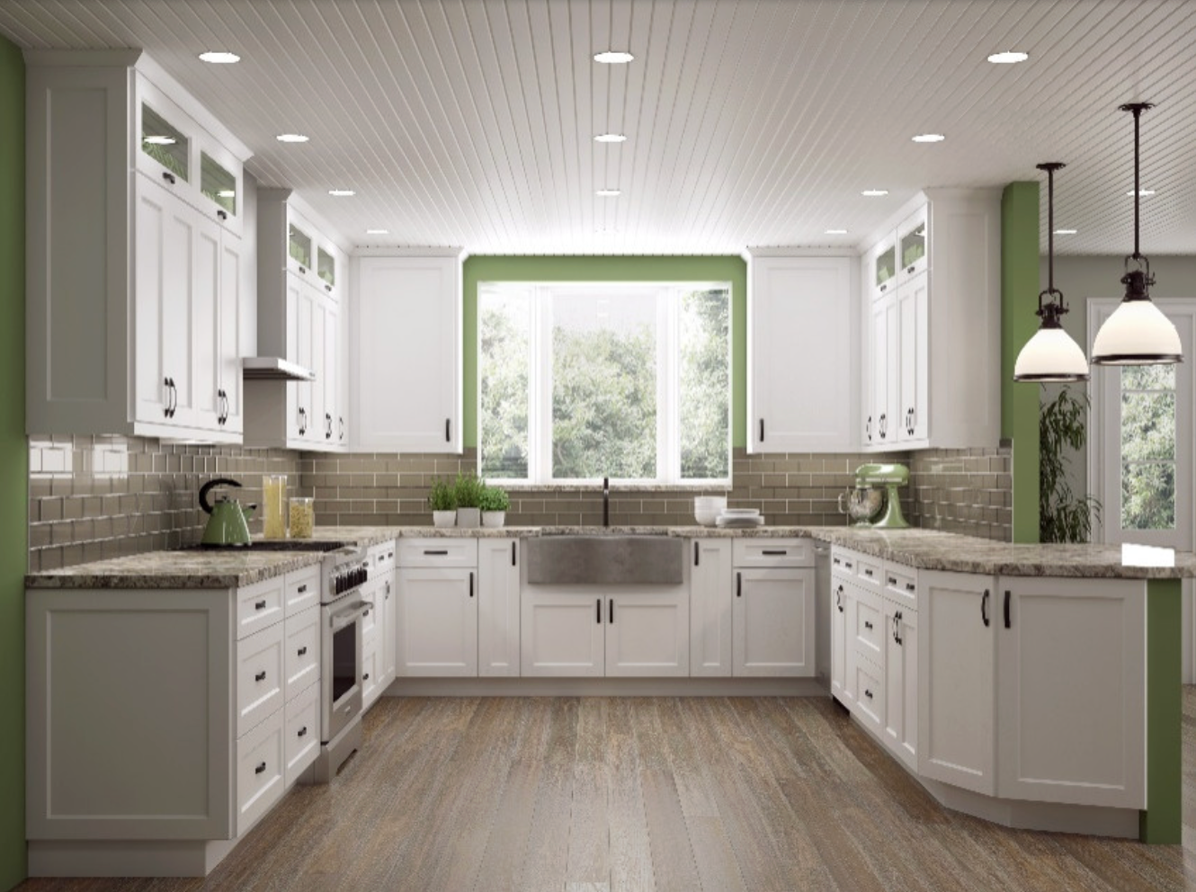 U-shaped white kitchen with a farmhouse sink, granite countertops, green accents, and hardwood floors.