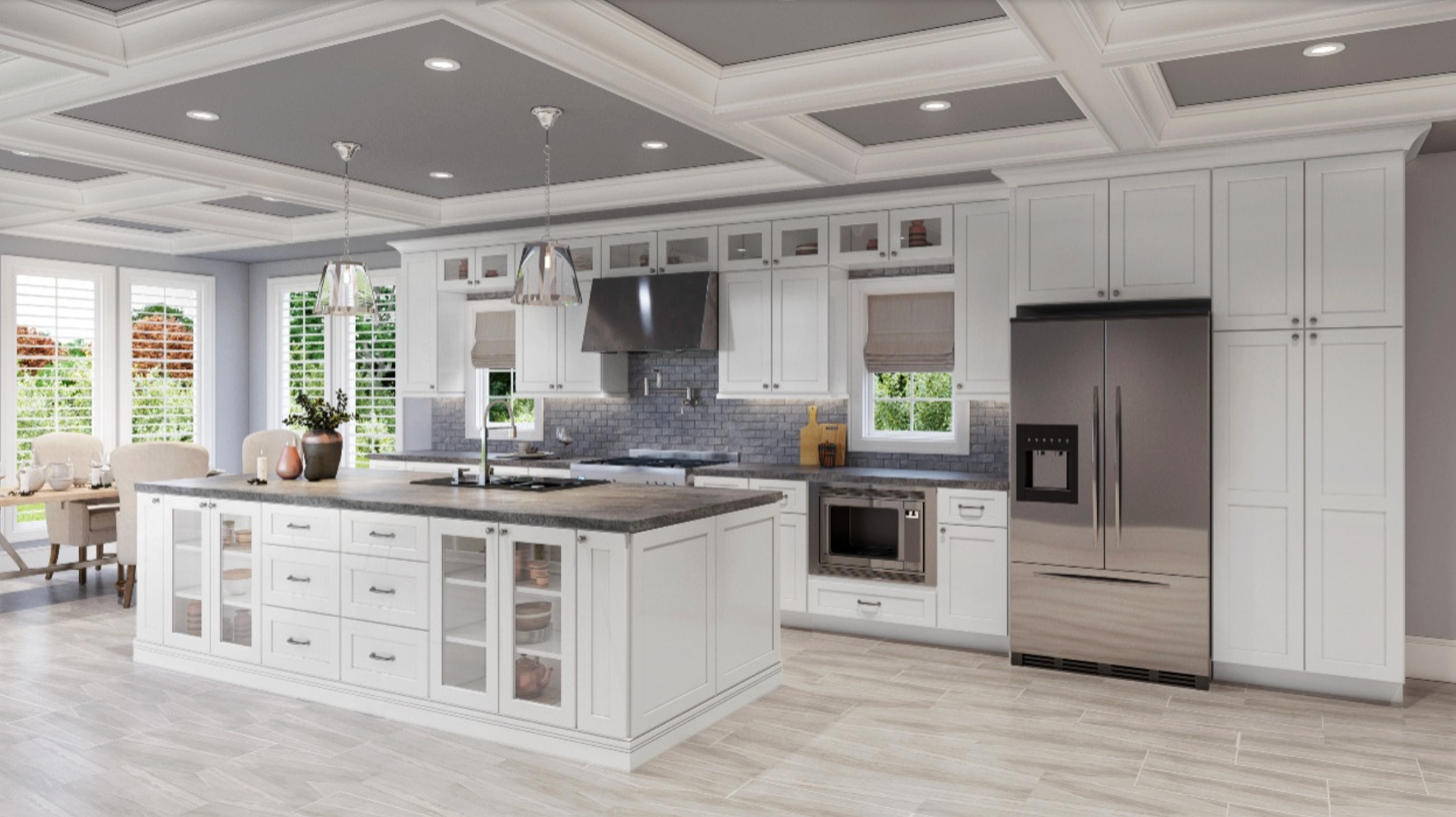Spacious white kitchen with island, stainless steel appliances, and gray ceiling accents.