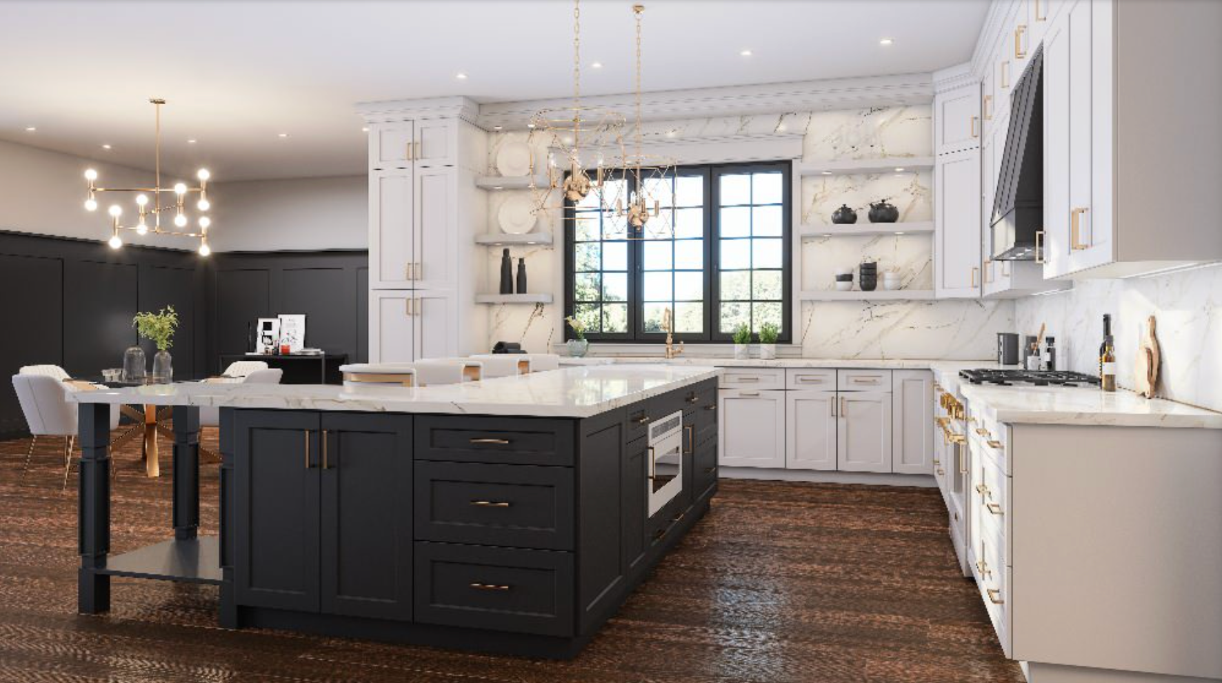 Modern kitchen with a dark island, white cabinets, marble countertops, and wood floors.