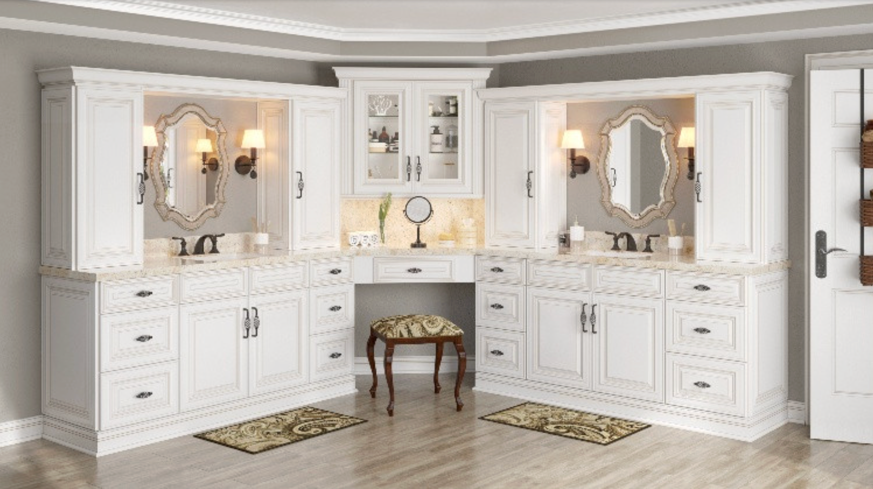 White bathroom vanity with two sinks, mirrors, and a makeup area.