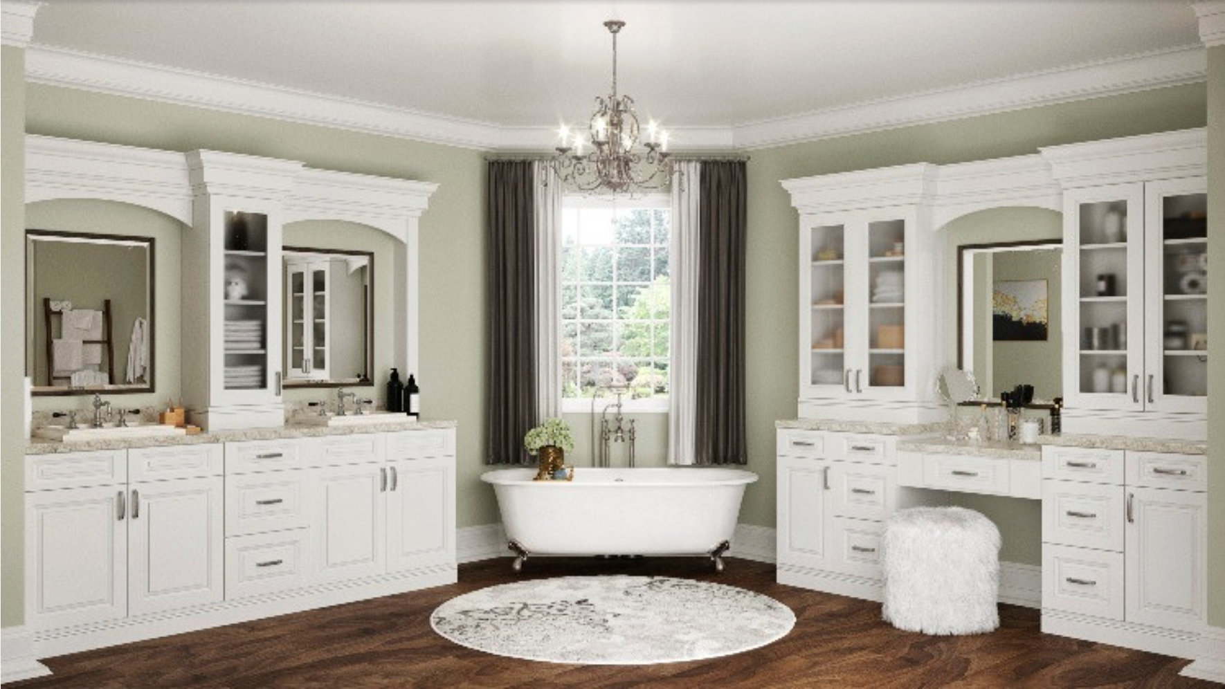 Elegant white bathroom with a clawfoot tub, vanity, and a round rug.