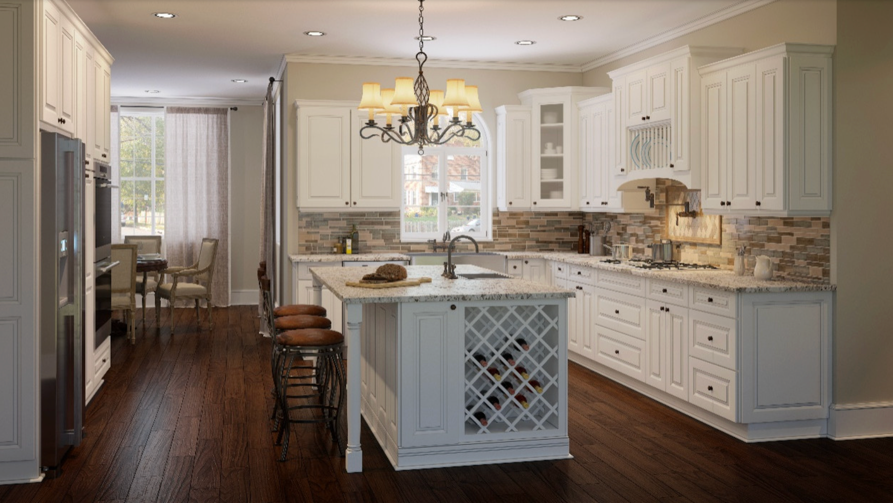 White kitchen with island, wine rack, and dark wood floors.