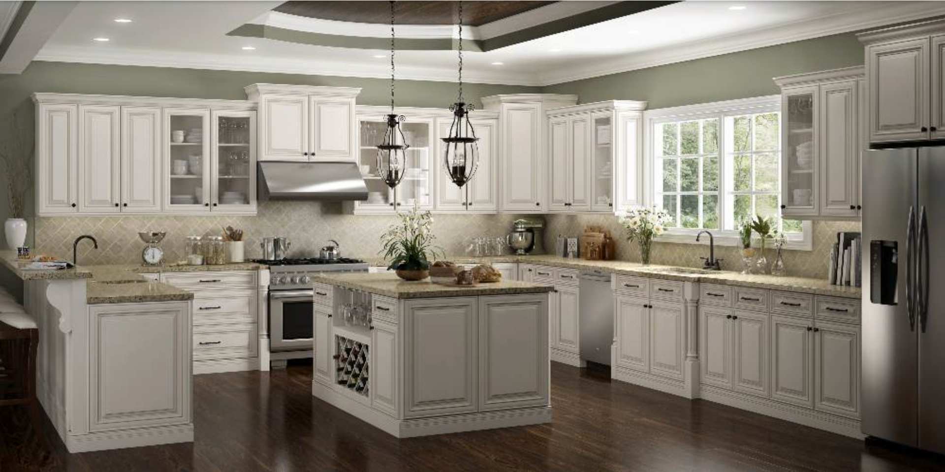 White kitchen with island, cabinets, and stainless steel appliances, brown floor, and sage-green walls.