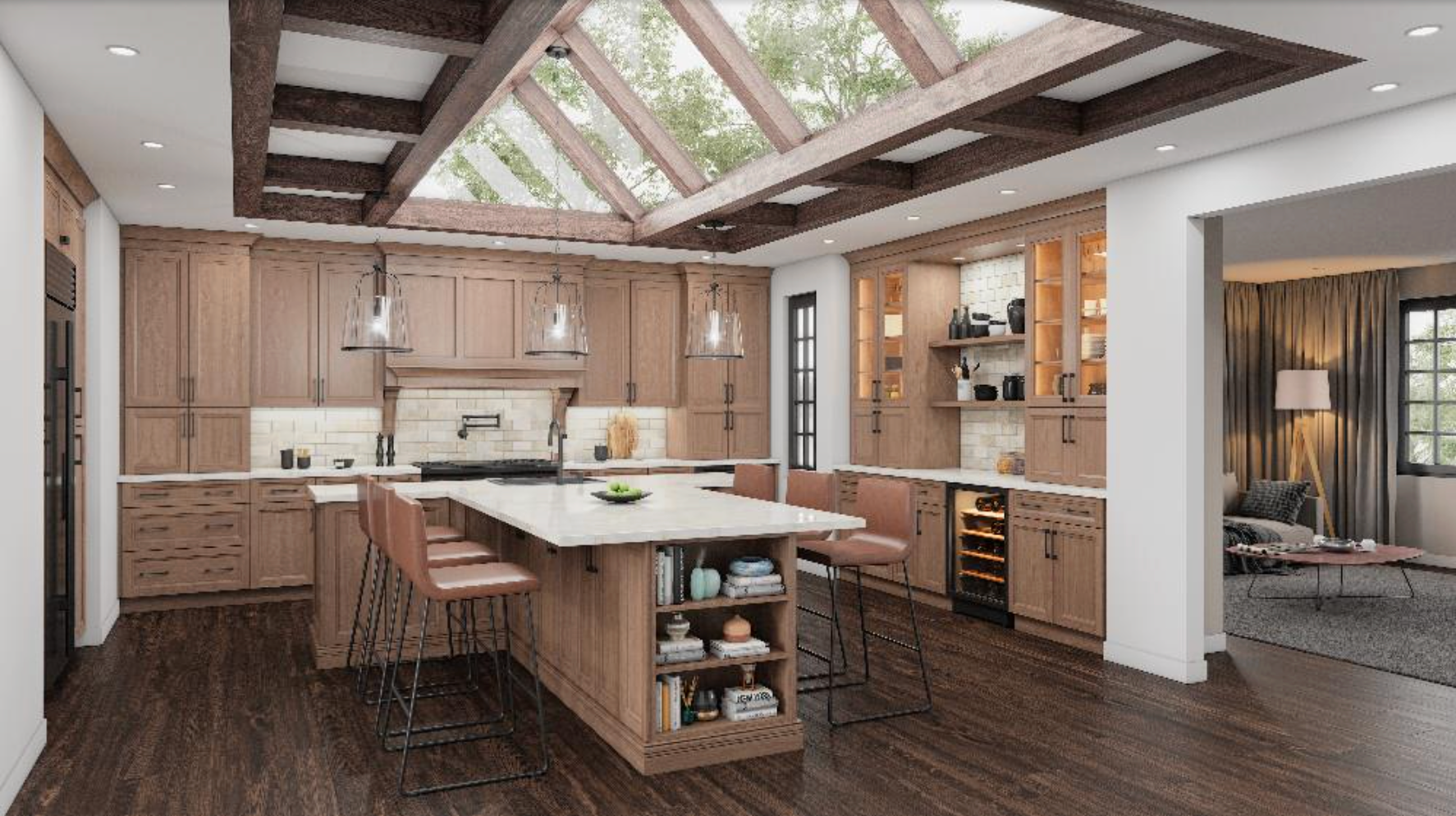 Spacious kitchen with wooden cabinets, island, and skylight, featuring a view into a living room.