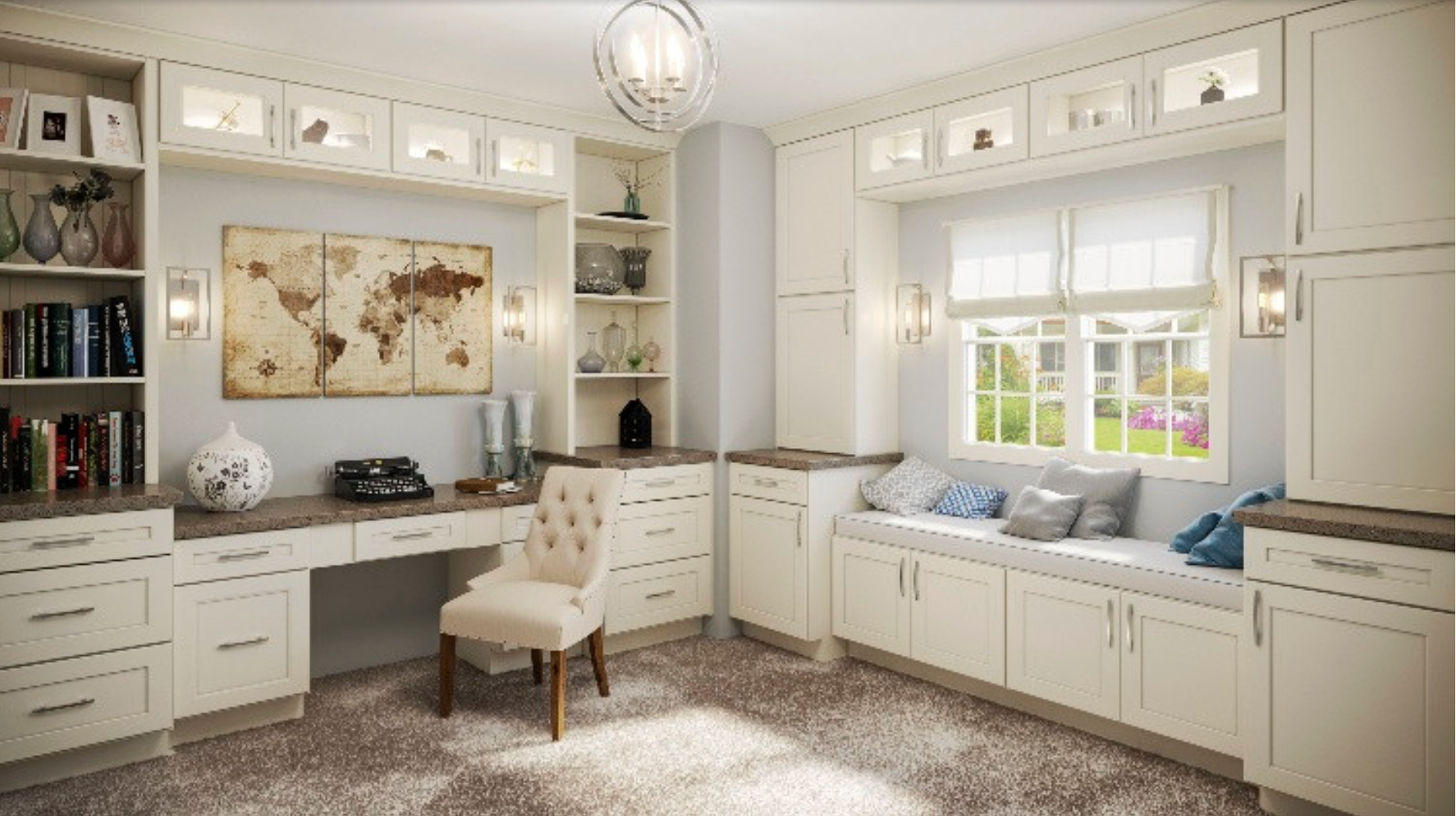 Cozy home office with built-in cream cabinets, a desk, and a window seat, with a world map decor.