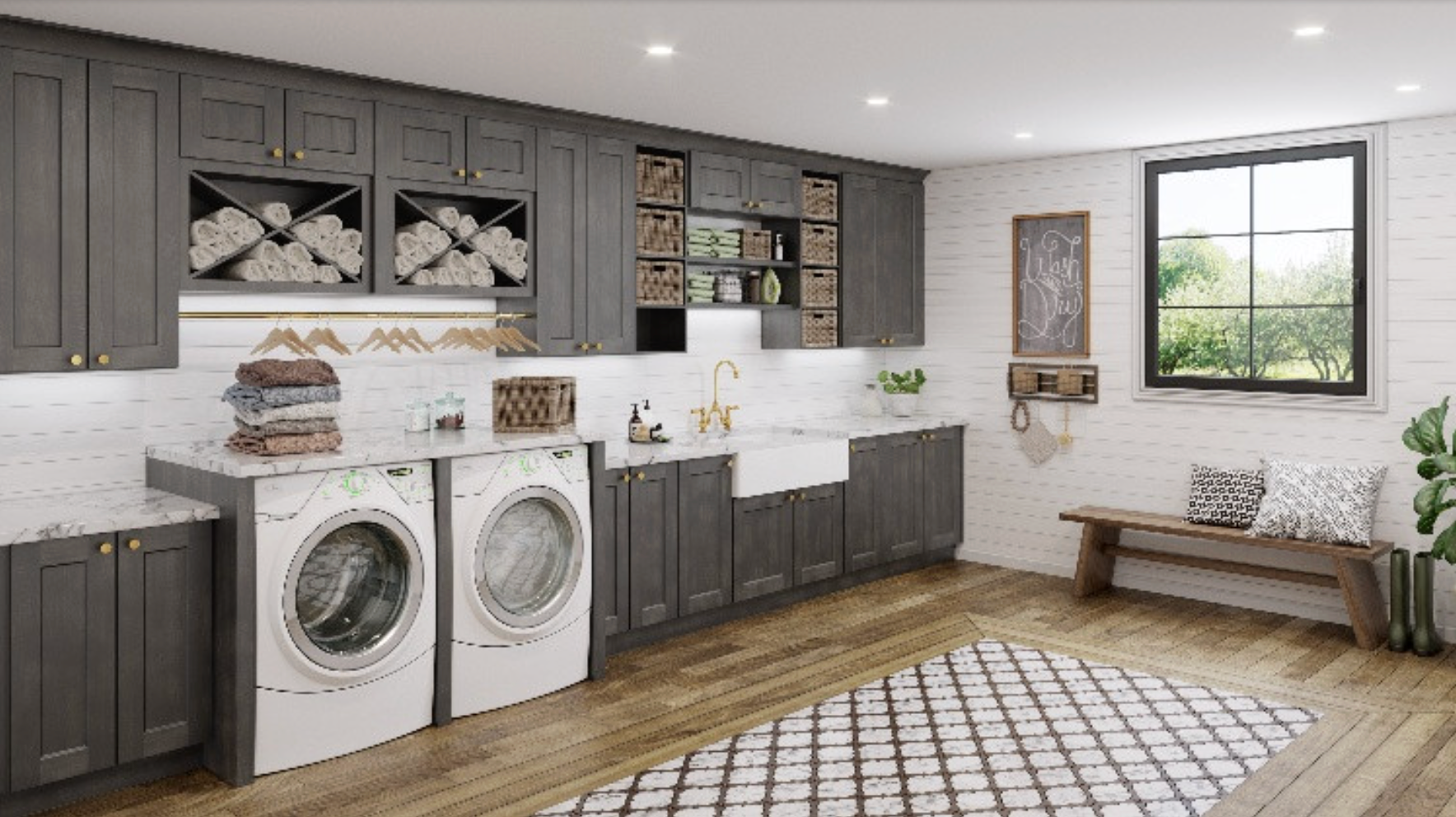 A modern laundry room with gray cabinets, white appliances, and a rug. A window offers an outside view.