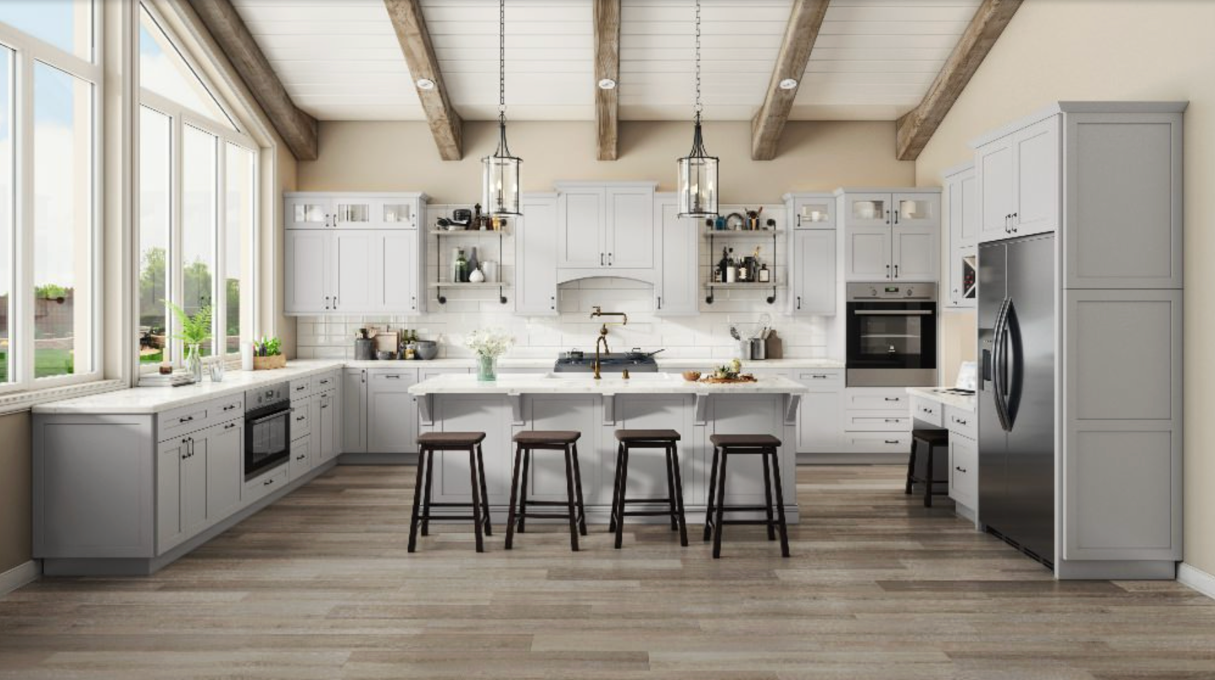 Modern kitchen with gray cabinets, island, and stainless steel appliances, with natural light from large windows.