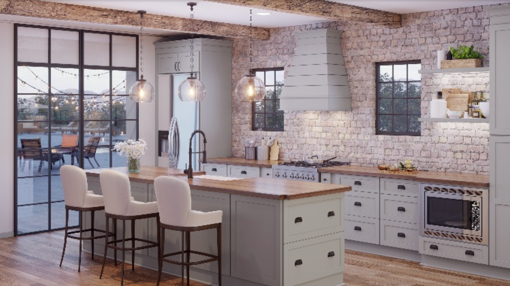 Modern kitchen with island seating and brick accent wall, featuring sage cabinetry and large windows.