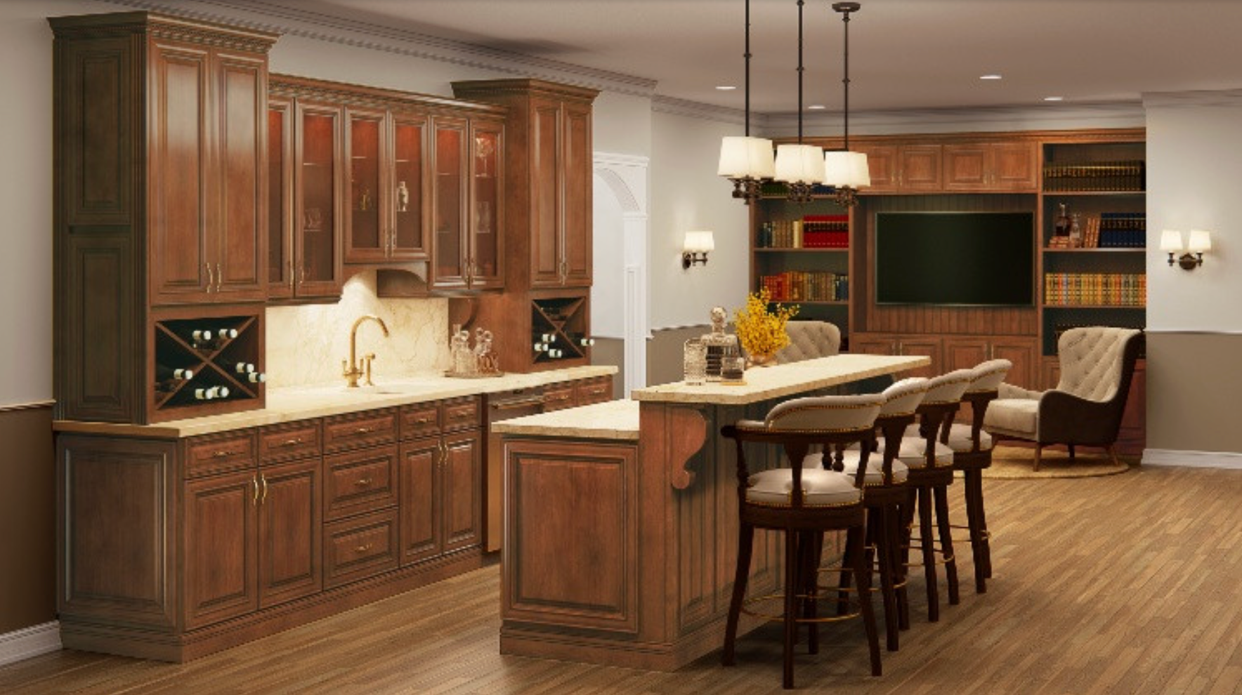 A well-lit basement bar with brown cabinets, a countertop, stools, and a TV.