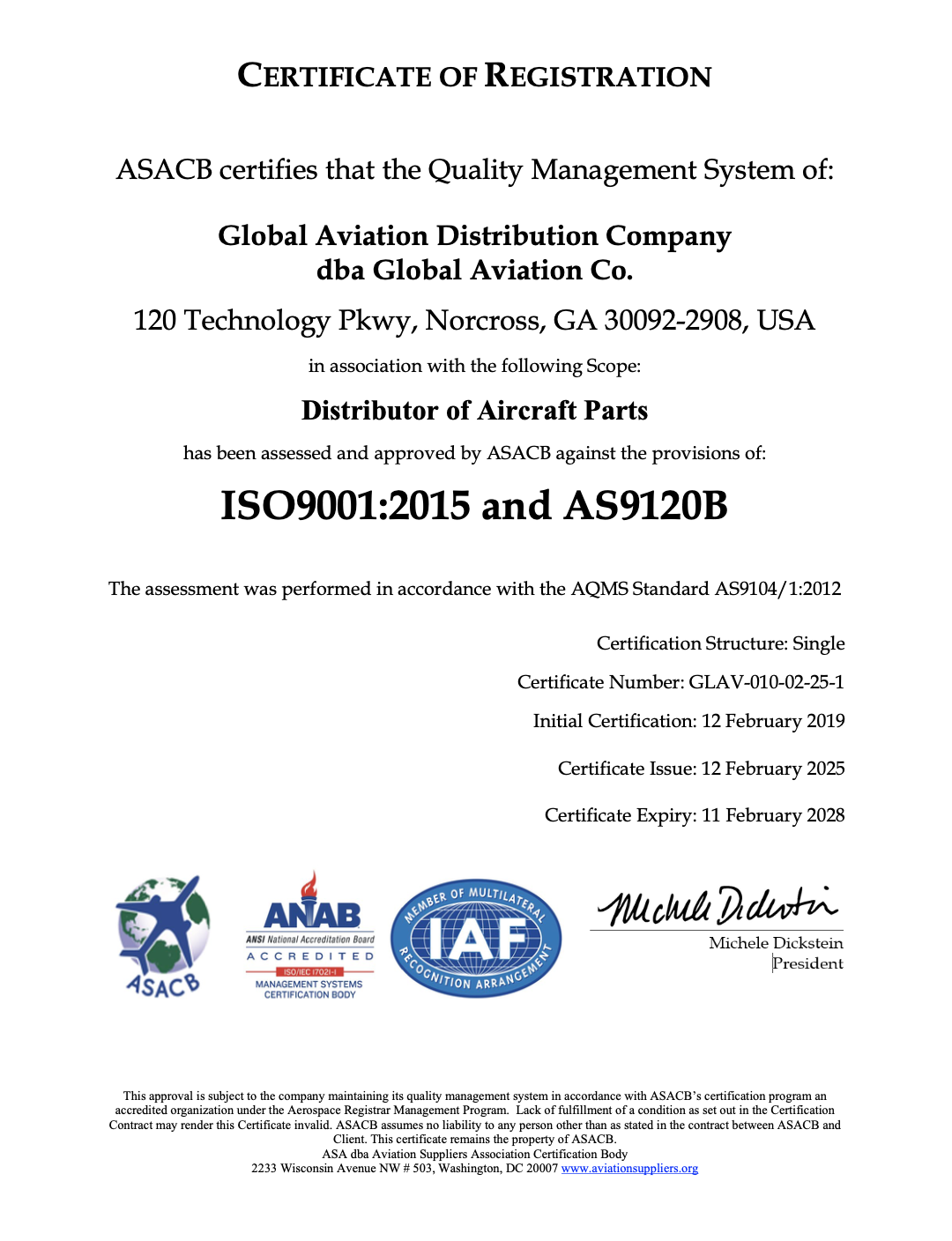 Certificate of Registration for Global Aviation Co, certified for ISO9001:2015 and AS9120B.
