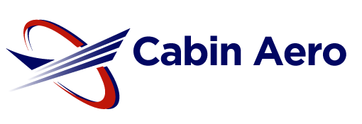 Logo for Cabin Aero, featuring an abstract blue and red design with the company name in dark blue.