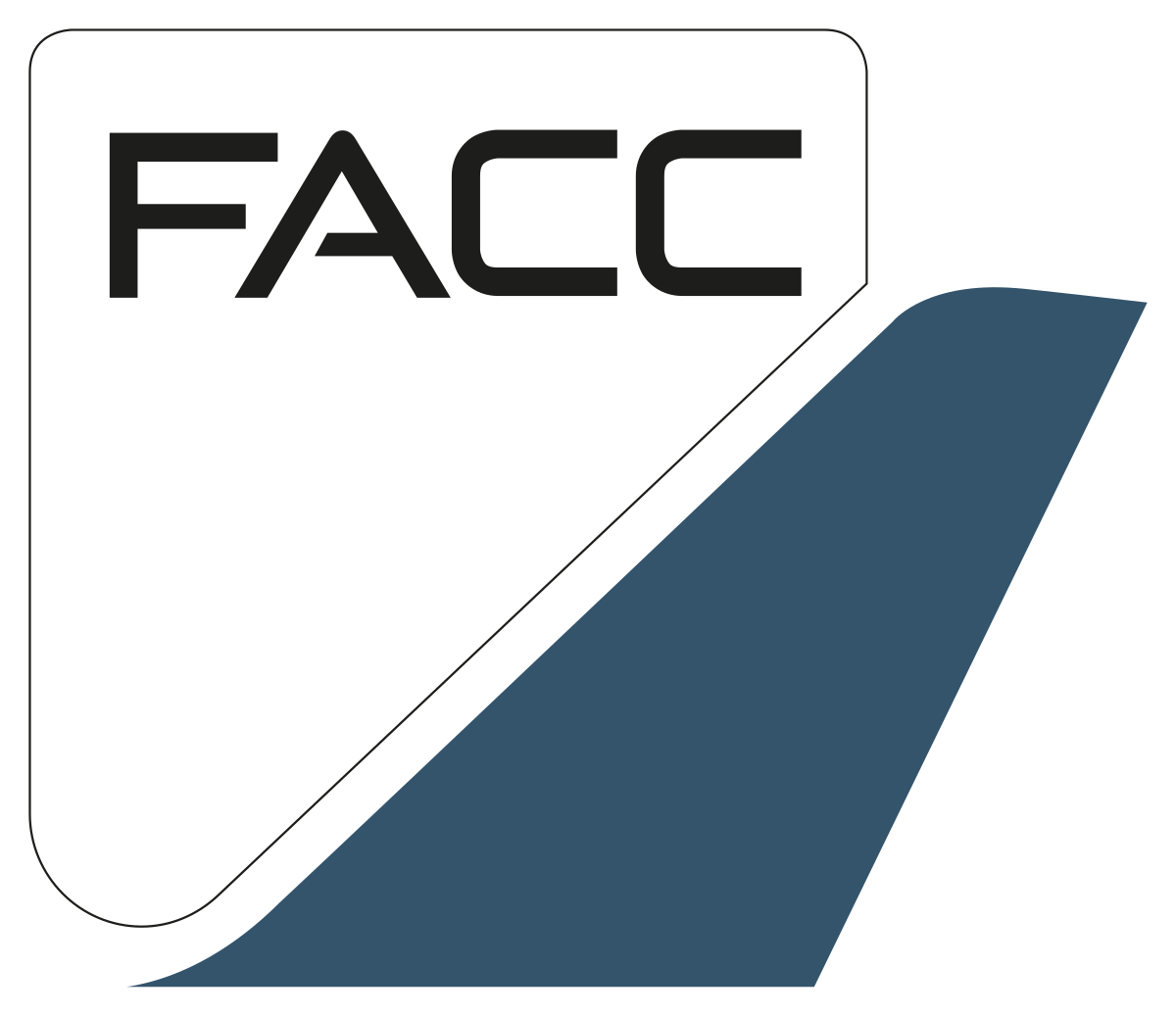 Logo of FACC, with text in a white box over a stylized blue airplane wing.