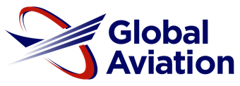 Global Aviation logo: Red and blue curved lines with stylized wings next to 