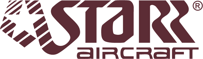 Logo for Starr Aircraft, maroon text on white background.