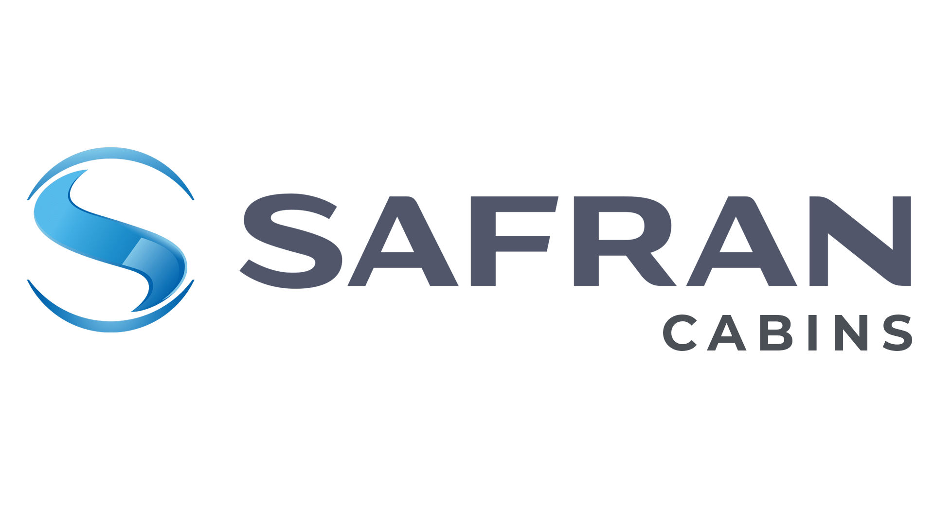 Safran Cabins logo: blue curved S inside a circle, gray text 