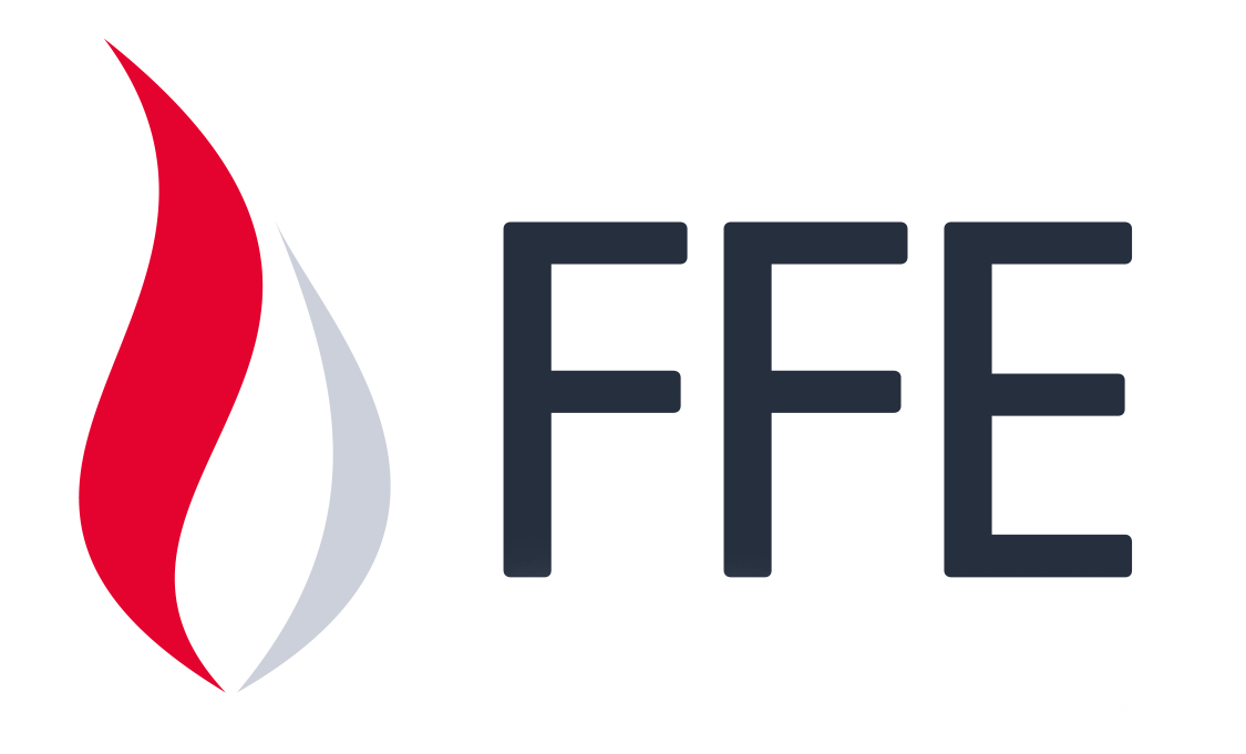 Logo for FFE with a stylized red and white flame next to the dark blue letters 