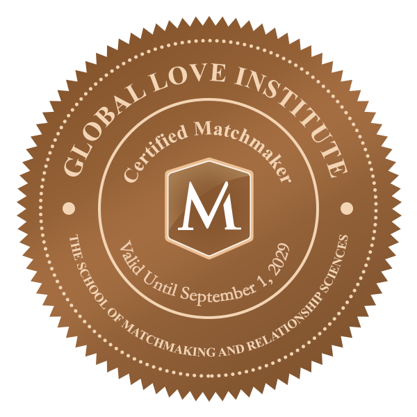 Brown circular Global Love Institute certified matchmaker seal with white text and central M emblem