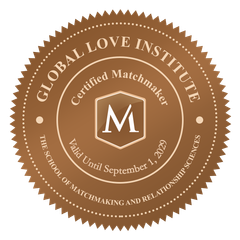 Brown circular Global Love Institute certified matchmaker seal with central “M” and text around the edge