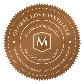 Brown circular “Global Love Institute” certified matchmaker seal with large “M” in center.
