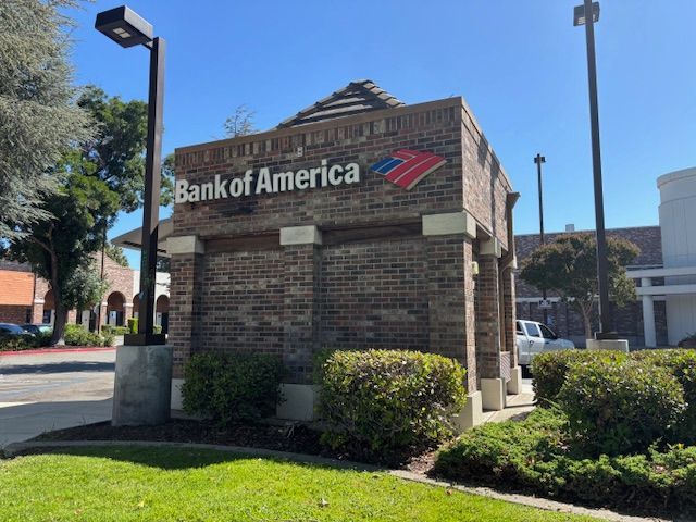 Bank of America building with sign and logo, brick exterior, and surrounding bushes in sunny outdoor setting.