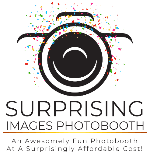 Surprising Images Photobooth logo with colorful confetti and black camera lens icon