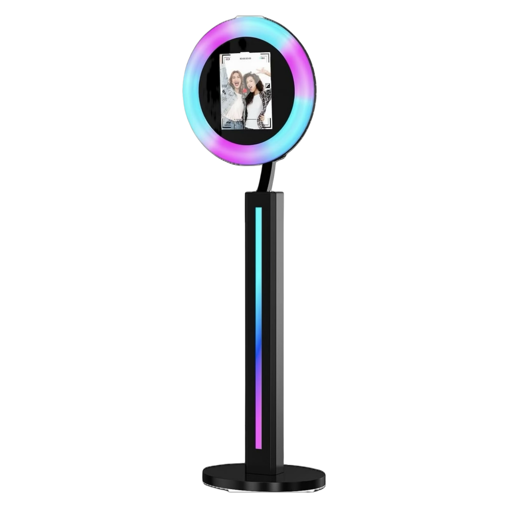 Oval tabletop mirror with black display reading “ARE YOU READY?” in orange and blue, on a white stand