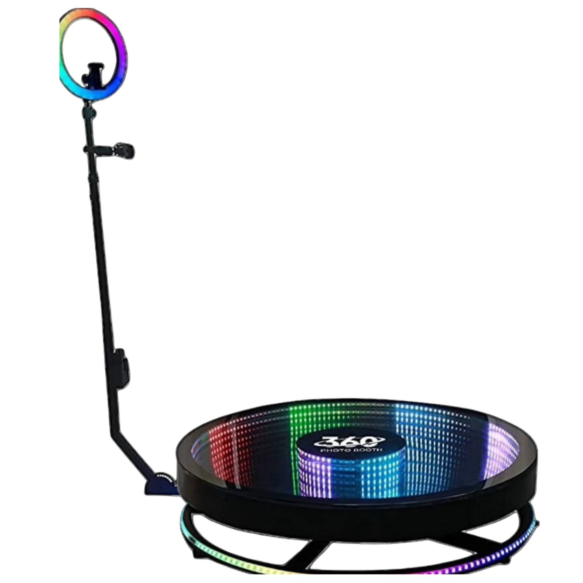A black circular robot vacuum on a patterned carpet, with a bright light and stand in the background.