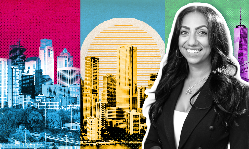 Woman smiling beside colorful city skylines.