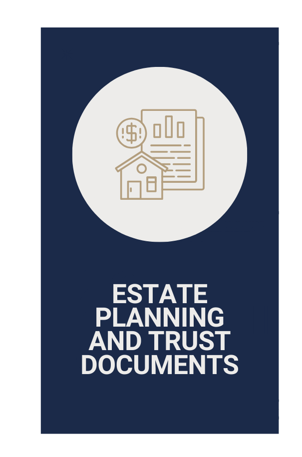 Dark blue rectangle with a light-colored circle containing an icon of a house, dollar sign, and charts