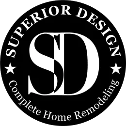 Superior Design Complete Home Remodeling logo with black circle, white SD monogram, and star accents.